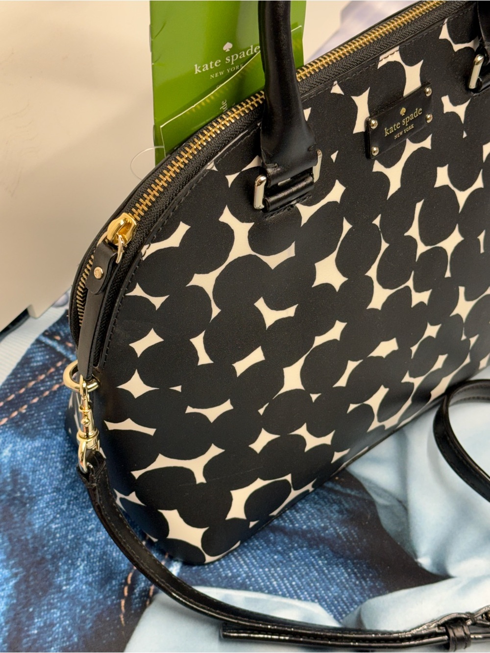 (new+tag) Kate Spade Leather Carli Polka Dot Black White Graphic Dome Satchel - Picture 11 of 12